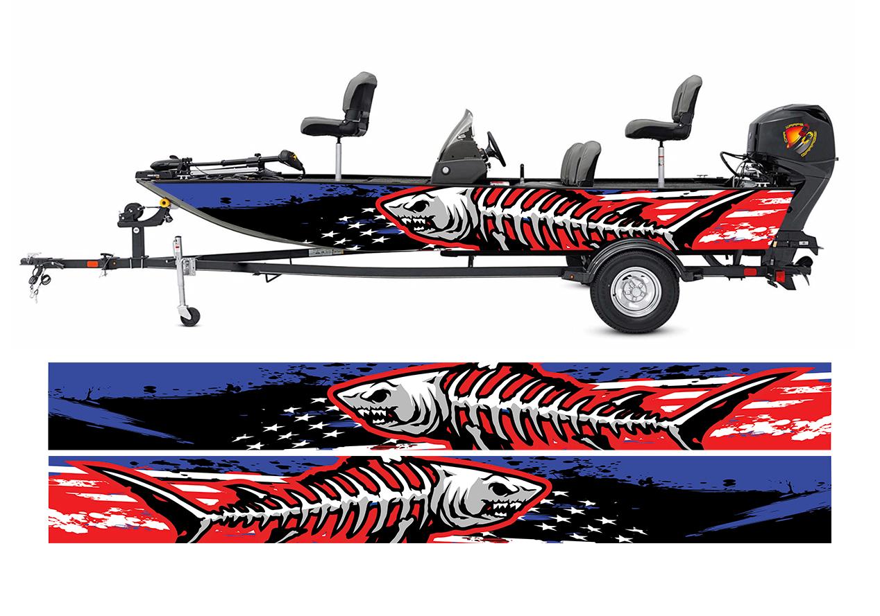 Distressed American Flag & Shark Fishbones Modern Lines Graphic Boat Vinyl Boat Wrap Fishing Pontoon Sportsman Tenders Skiffs Bowriders Deck Boats Sea Water Watercraft Decal